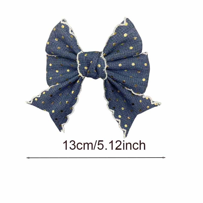 Handmade Retro Denim Blue Polka Dot Bow Hair Clip for Kids