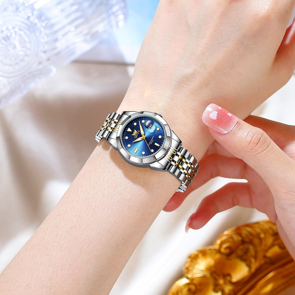 OPK Quartz Watch Easy to Date Water Stainless Steel Band Blue Gold Women's - Fashionable, Popular, Casual, Stylish, Lightweight, Read, Display,