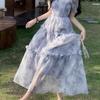 Large size women's floral dress women's summer waist and thin skirt super fairy Mori fat mm drape a-word skirt
