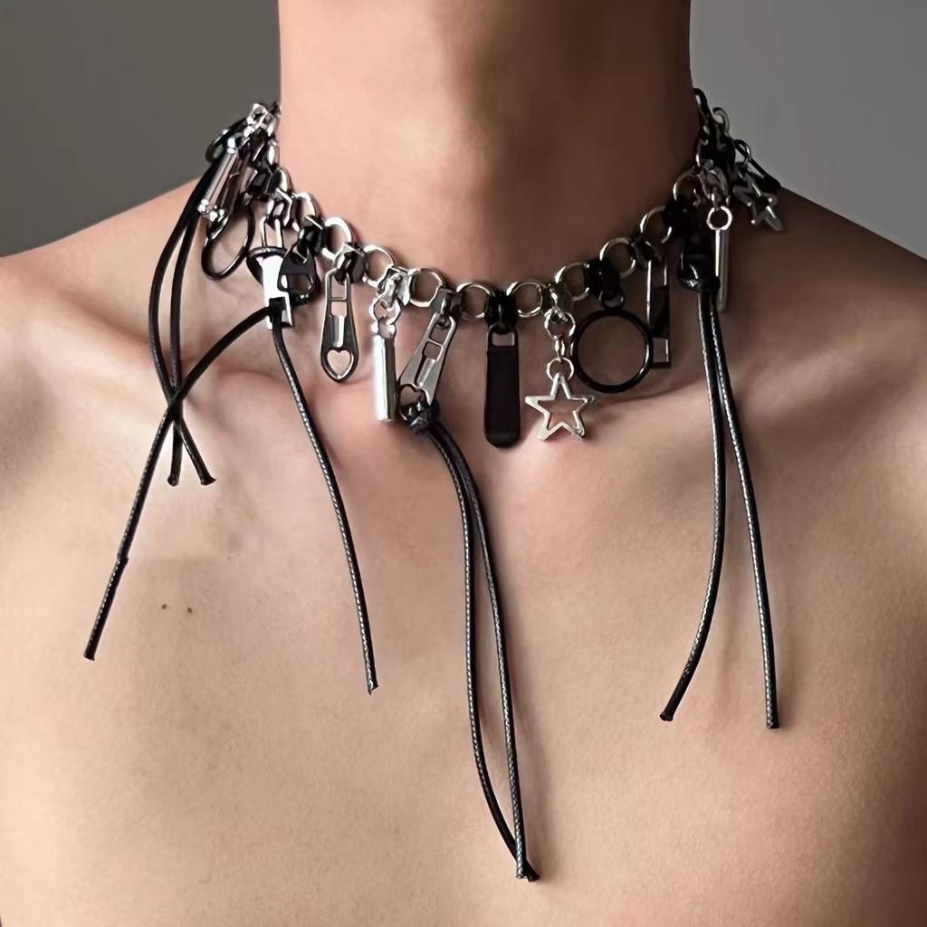 Cyber Punk Zipper Necklace Fringe Chain Head Y2k Hip Hop Choker Men's Women's Fashion Personality Jewelry Accessories