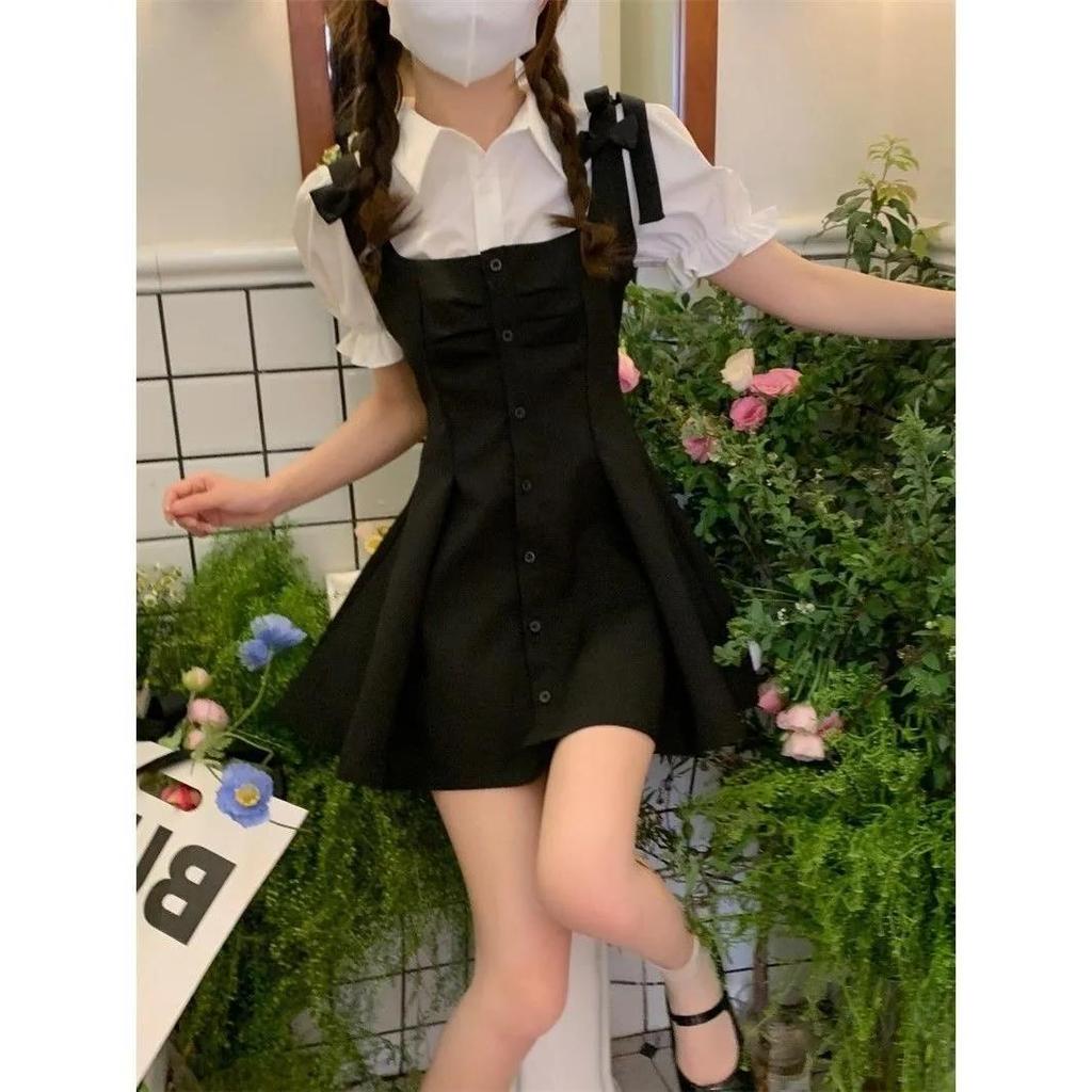 College Style Strap Skirt Bubble Sleeve Shirt Female Butterfly Lace-up Waist Dress Sweet and Spicy Two-piece Set
