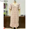 Floral Print Nightgown Women V‑Neck Lace Ruffle Short Sleeve Midi Loose Plus Size Romantic Pastoral Casual Sleepwear
