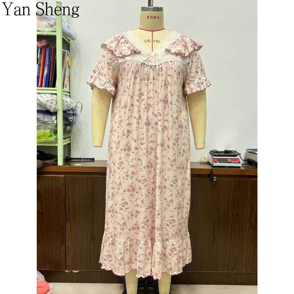 Floral Print Nightgown Women V‑Neck Lace Ruffle Short Sleeve Midi Loose Plus Size Romantic Pastoral Casual Sleepwear