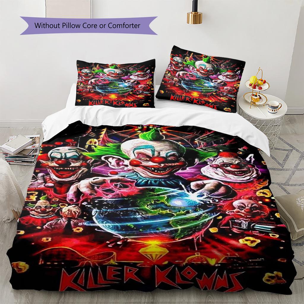 Killer Clown Horror Pattern Bedding Set Quilt Cover Pillowcase Home Decor Gift (1 * Duvet Cover + 2 * Pillowcase, Without Core)