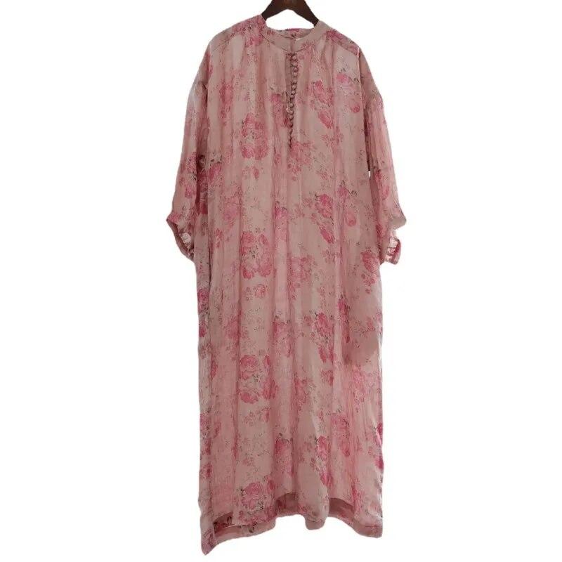 Johnature Women Vintage Ramie Print Floral Dress Seven Sleeve Autumn Robes Loose Button V-Neck A-Line Dresses