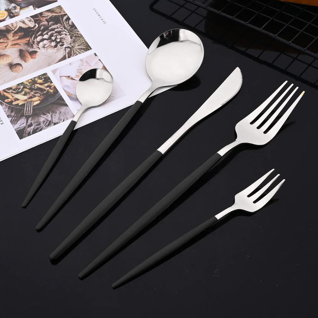 20Pcs Luxury Mirror Flatware Set Kitchen Stainless Steel Tableware Set Hotel Dinnerware Set Black Silver Cutlery Set Gift