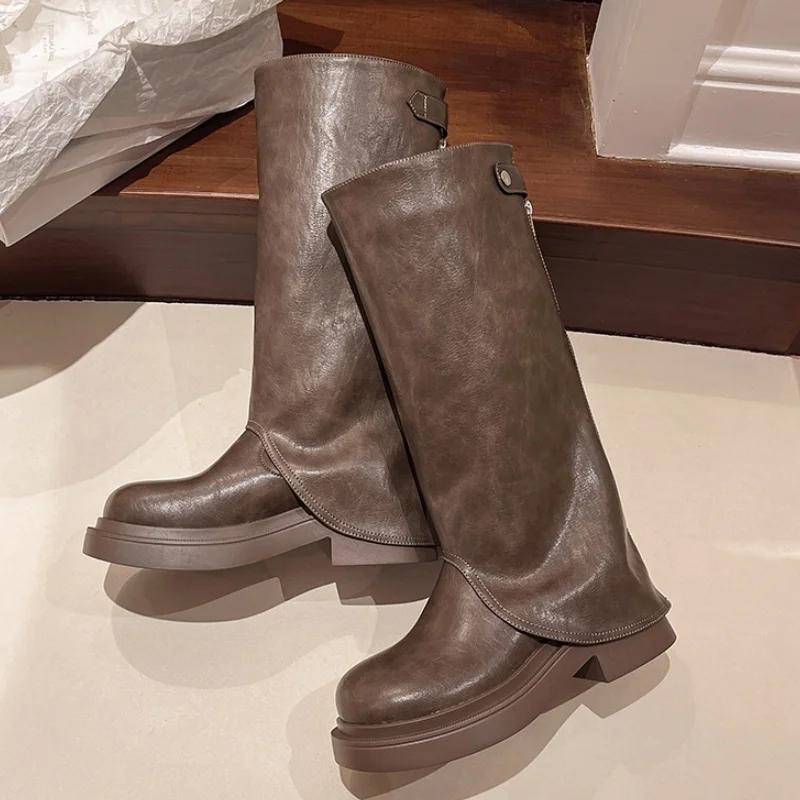 Fashion Winter Platform New Women Motorcycle High Boots 2025 Punk Shoes Knee High Designer Snow Boots Trend Flats Woman Chelsea Botas