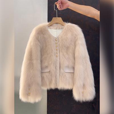 Women's Short Faux Fox Fur Coat Leather Trim Button-Up Warm Winter Jacket
