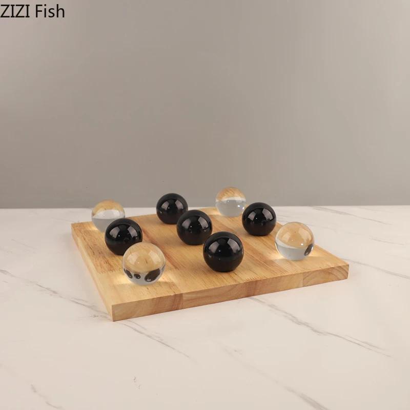 Minimalism Tic-Tac-Toe Game Wood Chessboard Geometric Artwork Ornaments Desk Decoration Crystal Chess Pieces Casual Chess Games