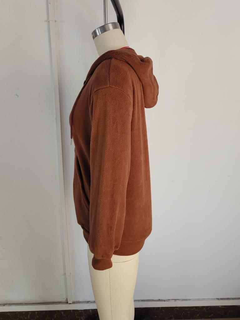 2025 Solid Color Fleece Hooded Long Sleeve Loose Zipper Jacket