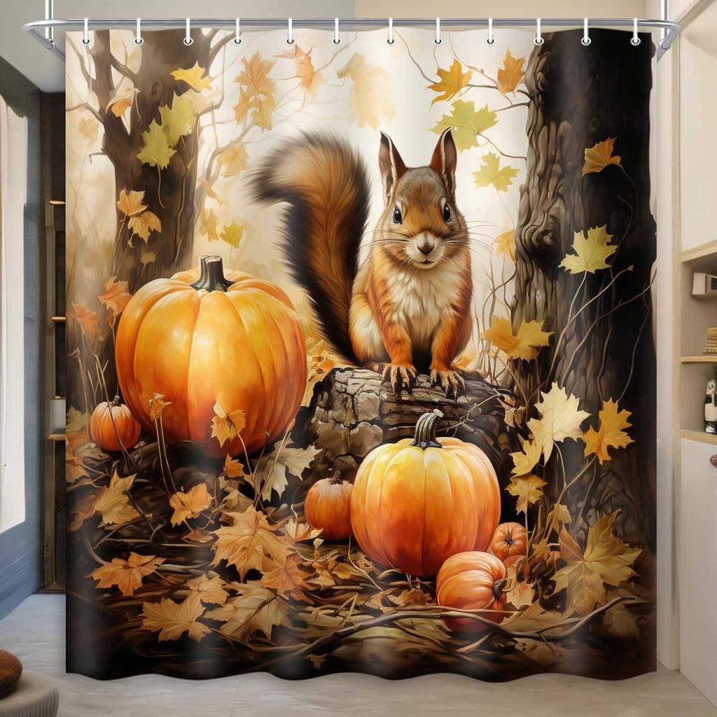 Fall Shower Curtain Set - Autumn Sunflower Pumpkin Gnome Design, Waterproof Farmhouse Bath Decor with 12 Hooks, 71x71 Inch
