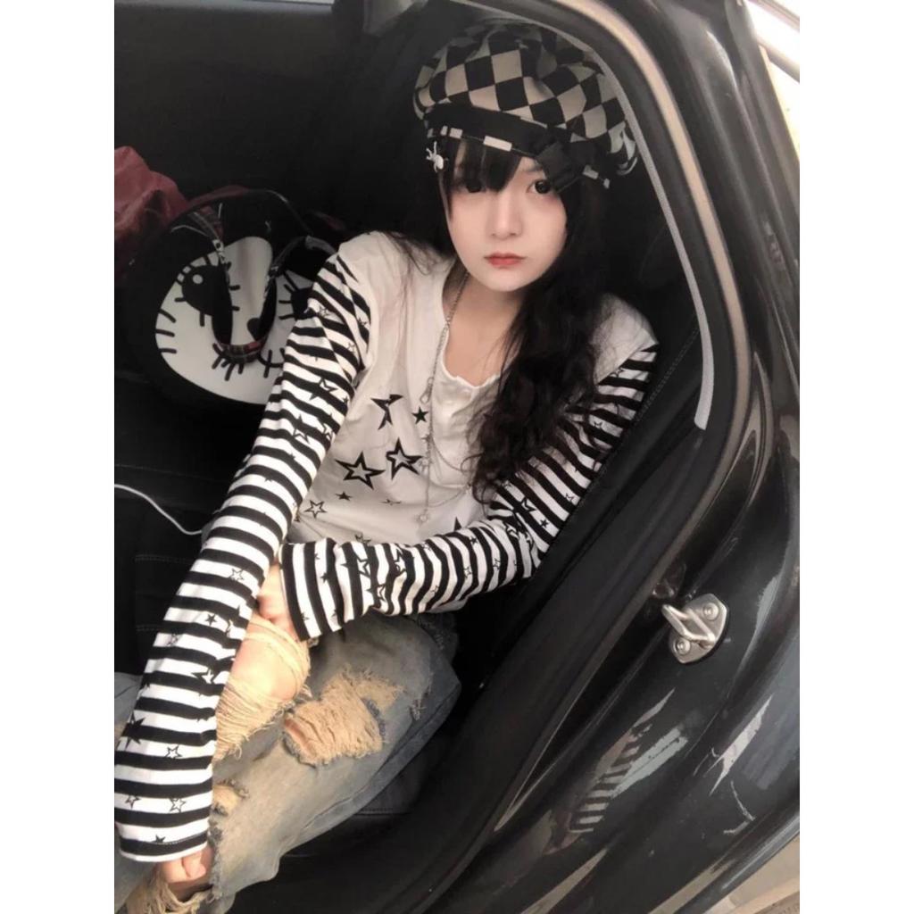 TrendHub Streetwear Long Sleeve T Shirts Harajuku Women Punk Star Print Casual Striped  Shirt Japanese Y2k Aesthetic Grunge Tops
