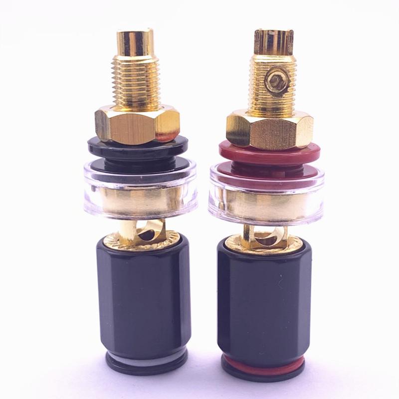 Gold-Plated Copper Audio Amplifier Terminal with Black Finish - No-Weld Banana Socket, Long/Short Post, M8 Screw Hole.