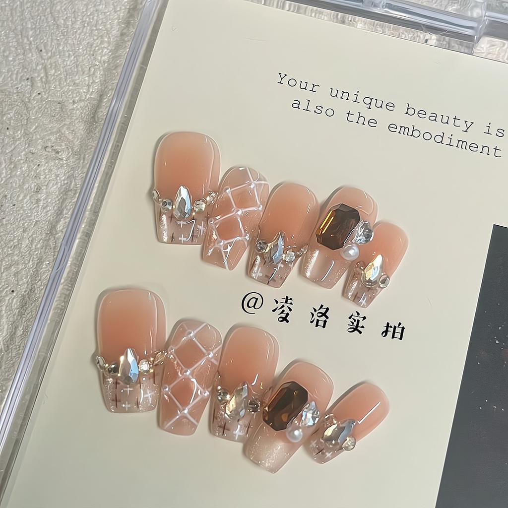 Press-On-Nägel Quadratische Falschnägel mit Glitzer-Design Künstliche Acrylnägel Glänzende Falschnägel Vollabdeckung Aufkleb-Nägel Klebe-Nägel für Damen