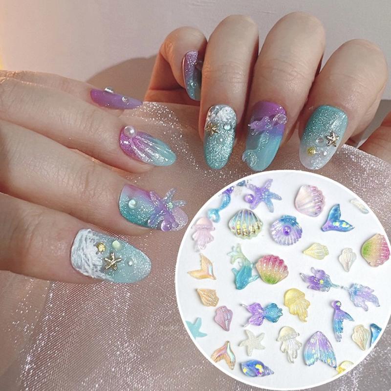 3D Resin Nail Charms 50PCS Ocean Themed Colorful Conch Jellyfish Translucent for DIY Nail Art Decoration