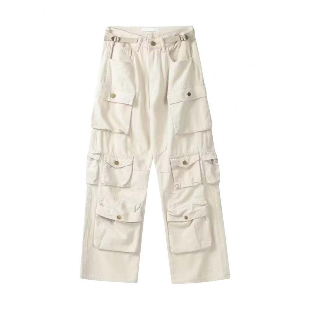 

Unisex Cargo Trousers Oversized Adjustable Waist Uniform Color Wide Leg Straight Multi Pockets Streetwear Outdoor Travel Trousers B Practical Use M абрикосовый