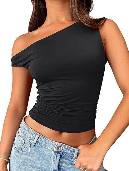 Women s Asymmetric Neck Sleeveless Crop Top Slim Fit Streetwear Ruched Camisole Tank Top XS