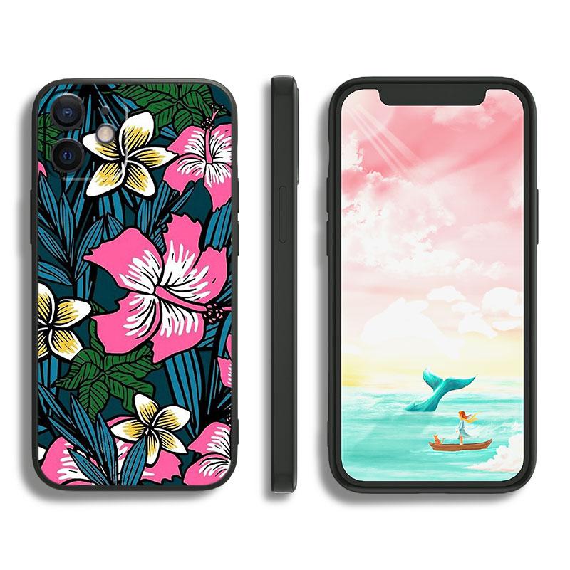 Bunte Blumenblätter für Apple iPhone 11 12 13 Max Mini 7 8 X XR XS Pro Plus Schwarze Luxus-Silikon-Softphone-Hülle