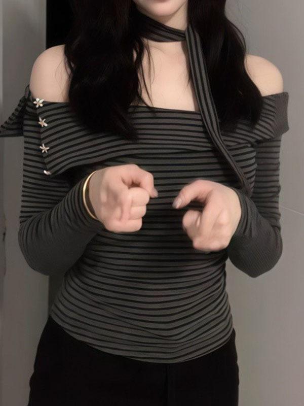 Women's One-Shoulder Black & Gray Striped Slimming Long-Sleeve Top - Autumn Pure Desire Style