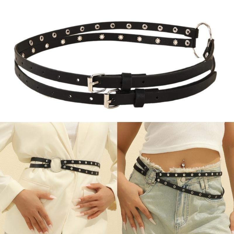 Grommet Waist Belt Punk Double Skinny Chain for Cowboy Grunge Buckle Modern Waistband Waist Chain Studded Belt