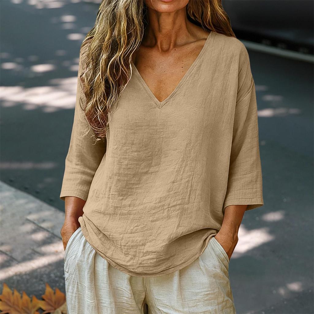 Women's Fashionable Loose-Fit -Color Cotton-Linen V-Neck Casual Blouse