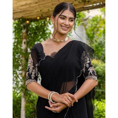 Sari de Georgette para Mulher com Borda Festonada e Blusa Não Costurada