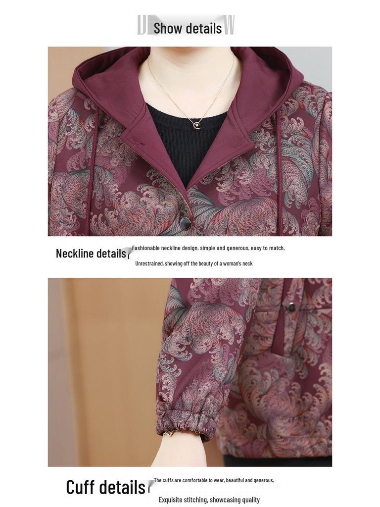 Spring/Autumn Plus Size Loose Hooded Jacket for Middle-Aged & Elderly Women - Fashion Print Patchwork Design