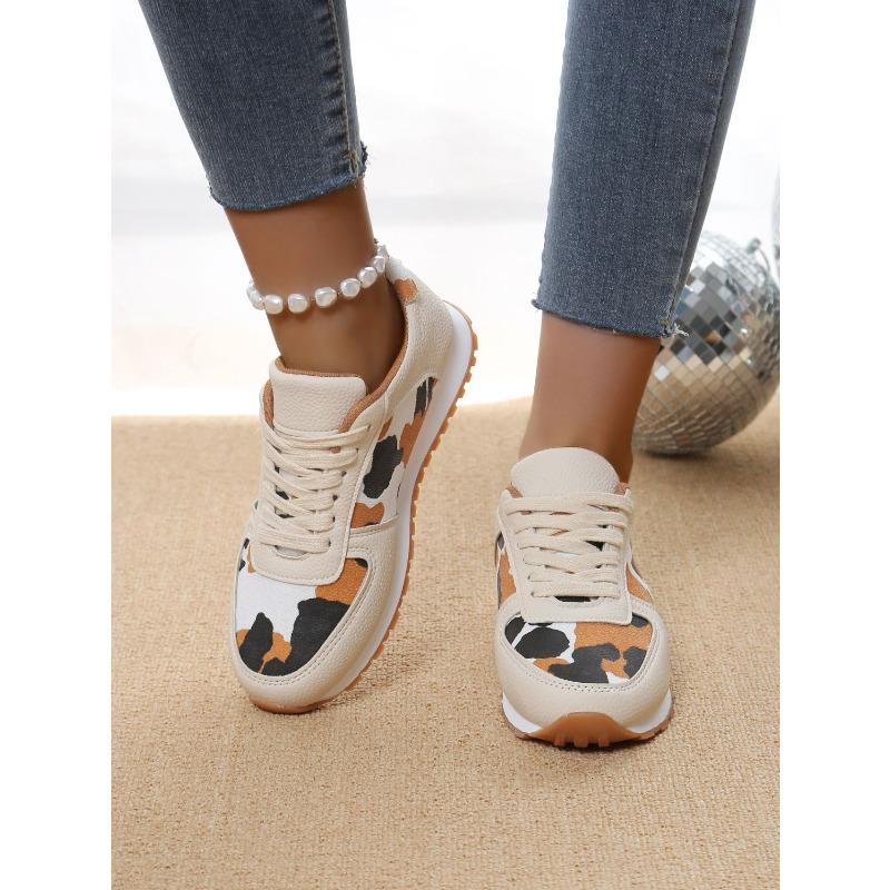 Leopard Print Casual Single Shoes Round Toe Platform Color-Block Low Top Sneakers
