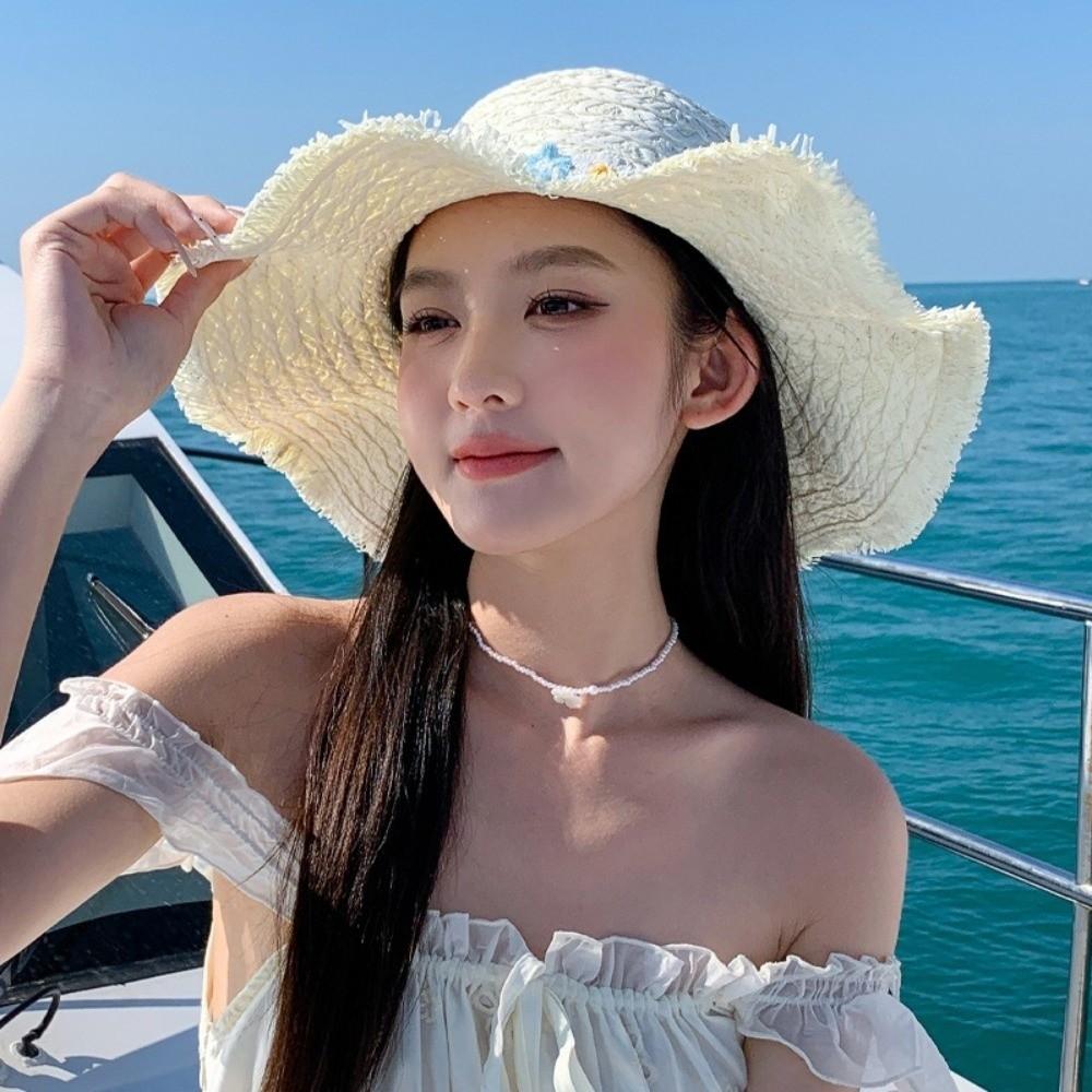 Large Brim Straw Hat Simple Design Floral Pattern Visor Cap Breathable Beach Hat Sun Protection