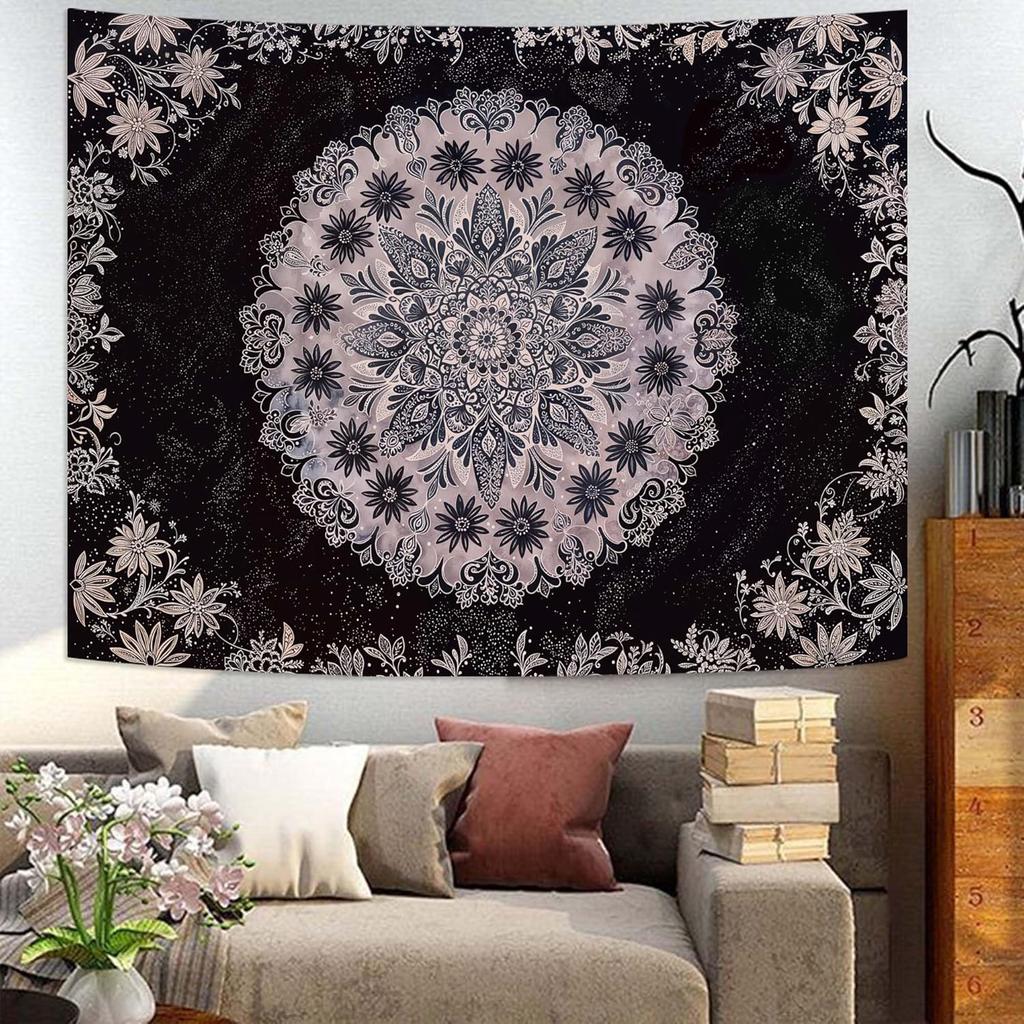 Boho Floral Mandala Tapestry Wall Hanging Grey Bohemian Flower Medallion Tapestry Aesthetic Gray Black Hippie Indian Small