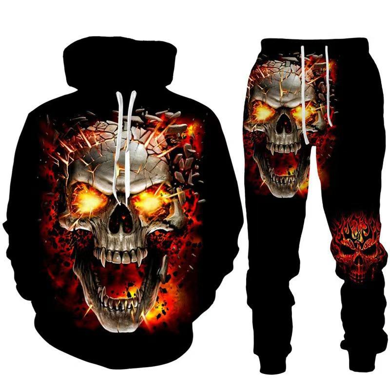 Hot Sale, Stylish 3D Skull Print Punk Sportswear, Pants Hoodie Couple Suit Street Trend