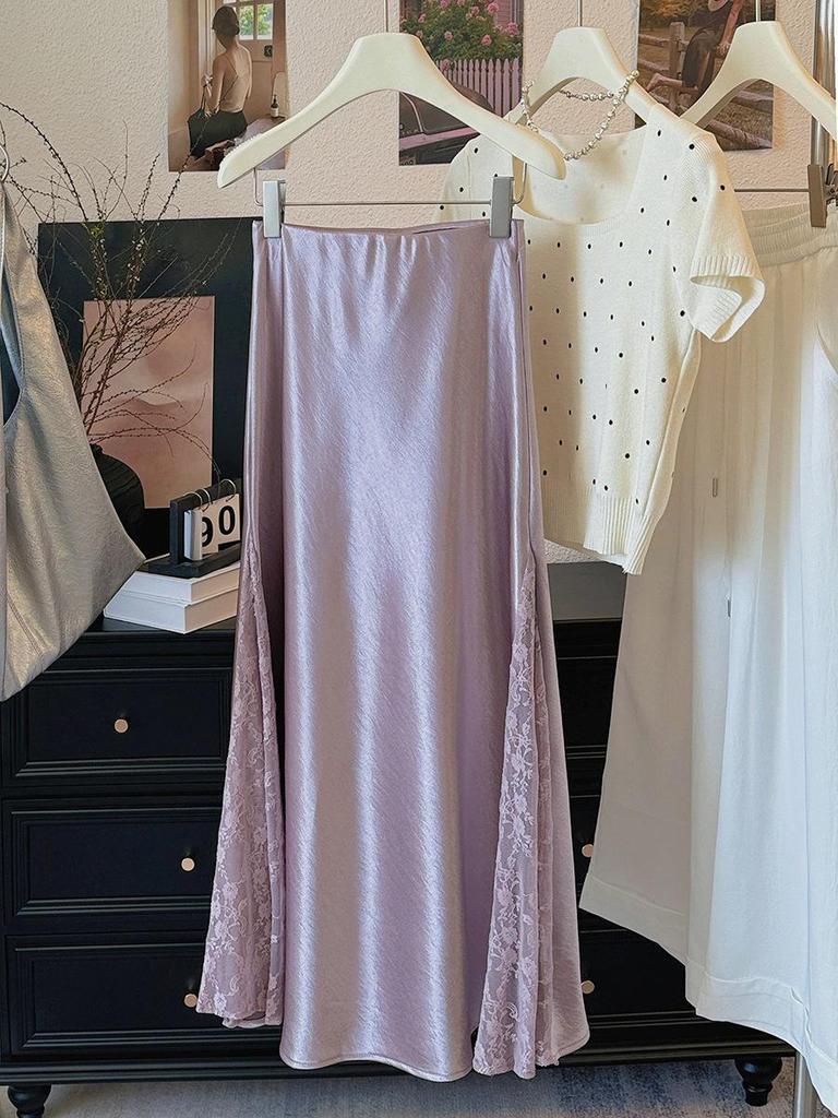 Stunning French Lace Patchwork Fishtail Midi Skirt: Silk-like Satin, Elegant Slim-Fit for Women