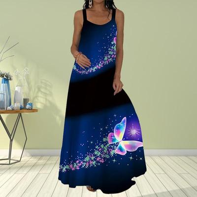 Women's Slip Dress Maxi Long Dress Dark Blue Butterfly Print Dress Spring & Summer Leisure Vacation