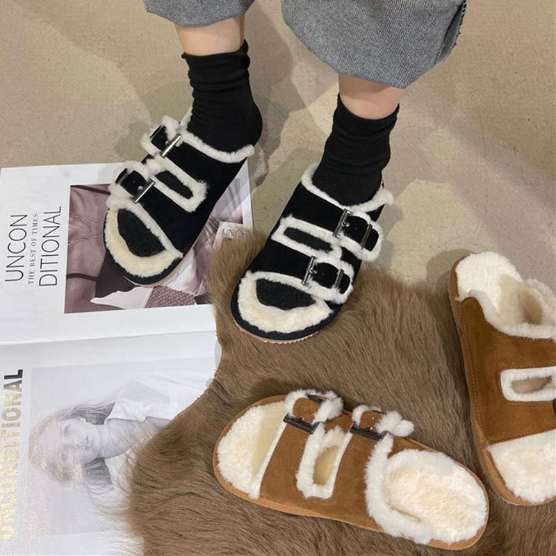 Fashion 2024 Classic Women Fur Slides Shoes Winter Fleece Wool Pantuflas Mujer Nubuck Cow Leather Slippers Ladies Buckle Belt Flip Flops