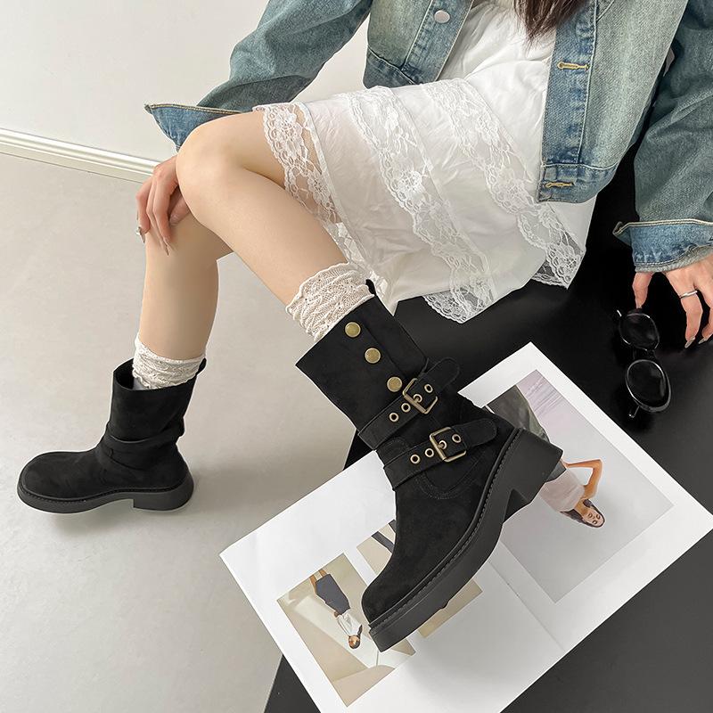 Thick-soled British Martin Boots Women's 2025 Autumn and Winter Skinny Pile Boots Short Boots Brown Frosted Coarse Heel Knight Boots