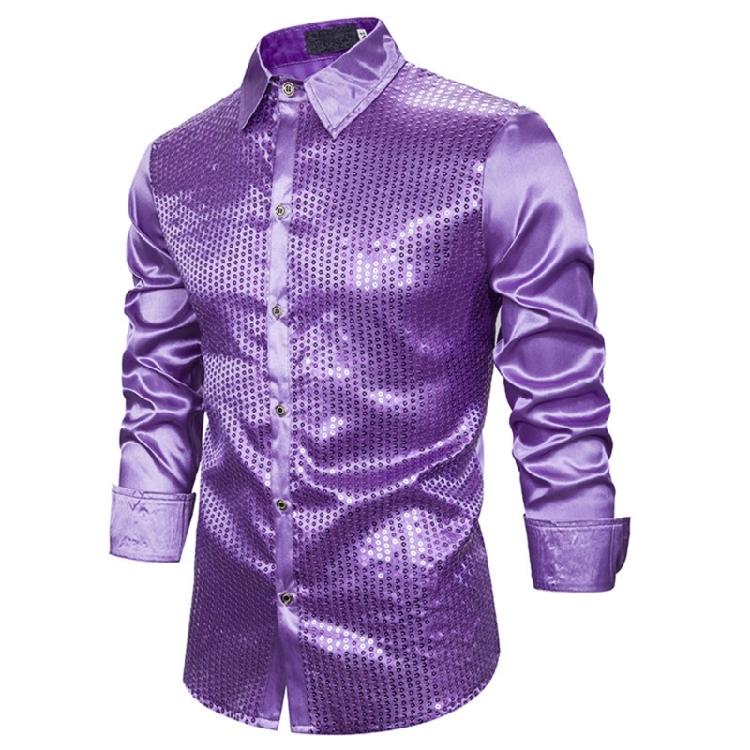Men's Shines Sequins Long Sleeve Button Down Shirt for Halloween Cosplay 70s Disco Party Dress Shirt