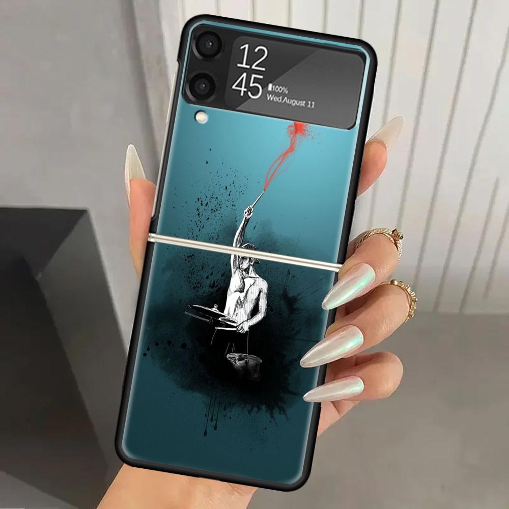 Musical Instrument Drum Rock Hard PC Phone Case For Samsung Galaxy Z Flip 7 6 5 4 3 Black ZFlip7 ZFlip6 Flip5 Flip4 Flip3 5G Pri