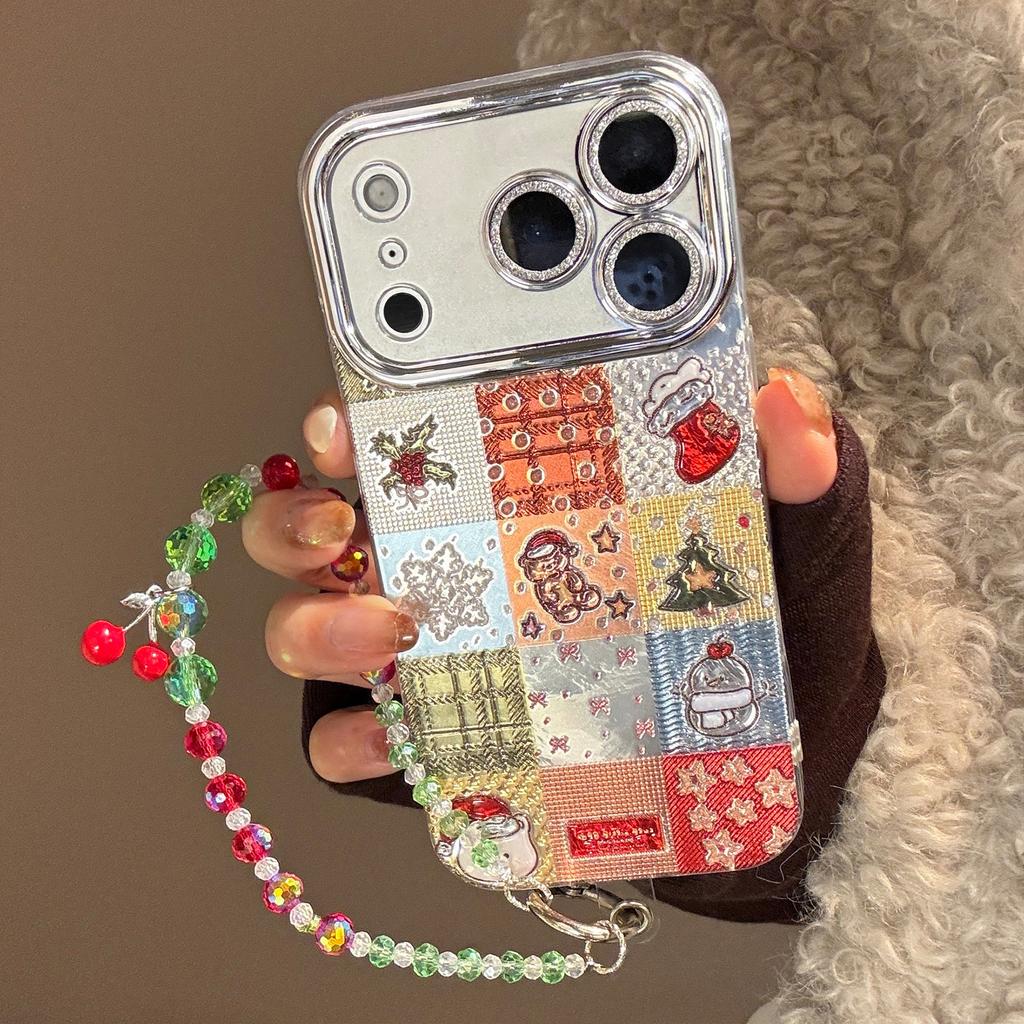 Suitable for Apple 17promax Mobile Phone Case 15 Cartoon Christmas Plaid for Iphone16 Glitter Embossed 13 Hanging Chain Hard