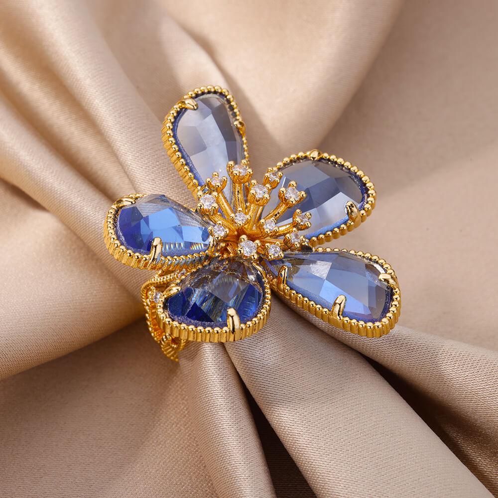 Stainless Steel Blue Zircon Flower Ring For Women Open Adjustable Flower Ring Wedding Aesthetic Jewelry Gift bijoux femme