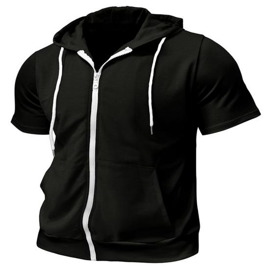 Men's Zip-up Hooded T-Shirt Summer Short Sleeve Hoodie Tee Solid Color Full Zipper Tee Shirt with Pockets for Daily Sports Street Gym