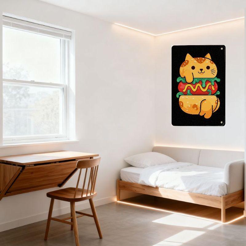 Cute Cartoon Whimsical Sandwich-Cat Hybrid Metal Tin Sign for Wall Decor, Framed with Silver Rivets, Flat Colors Home Cafe Bar A