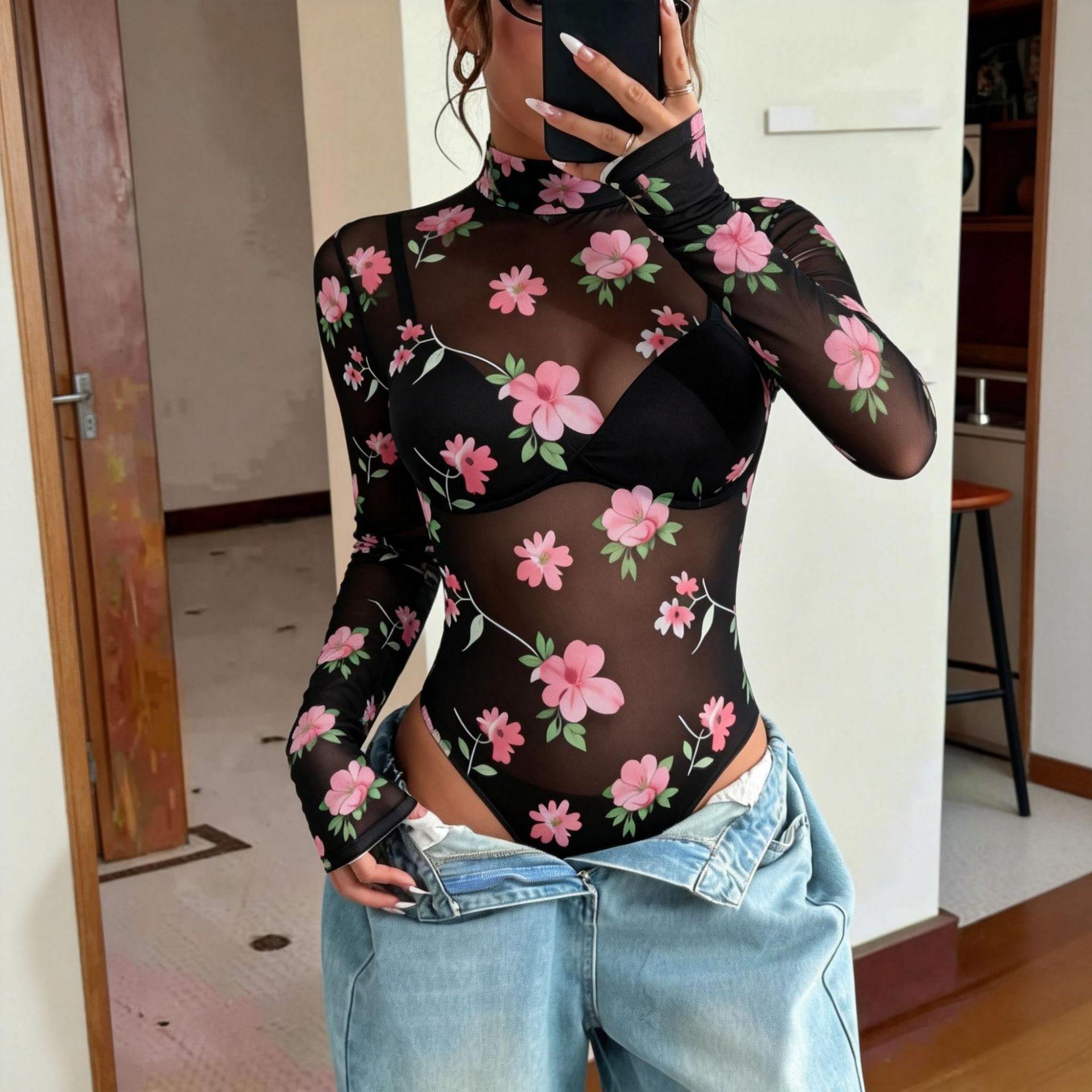 

New Slim-Fit Long-Sleeve Mesh 2026 Spring Women s Sexy Sheer One-Piece T-Shirt S