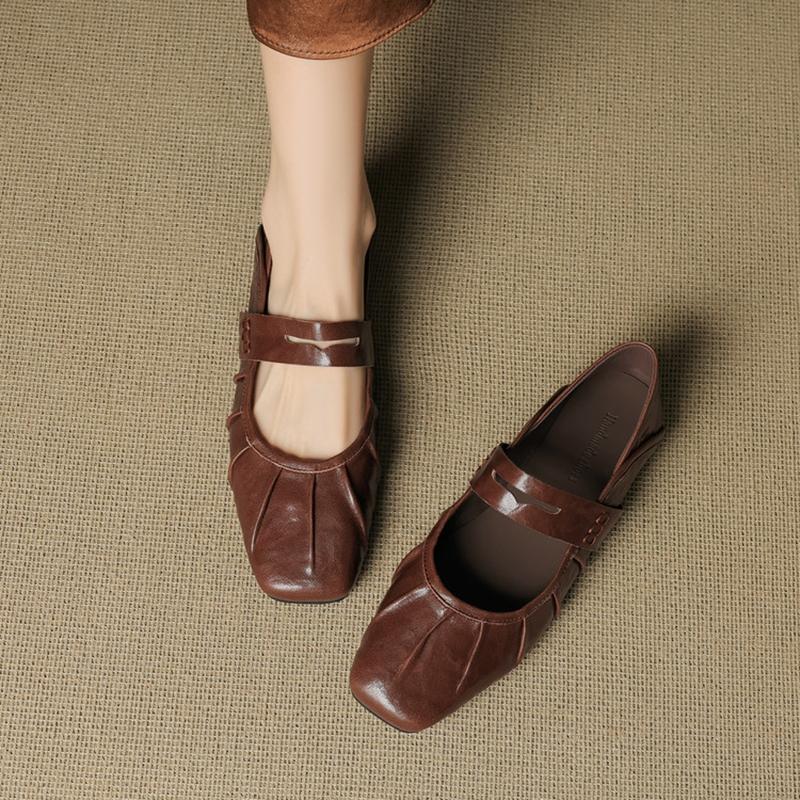 Fashion NEW Autumn/Spring Women Pumps Genuine Leather Shoes for Women Square Toe Low Heel Shoes Pleated Shallow Daily Shoes Mary Janes
