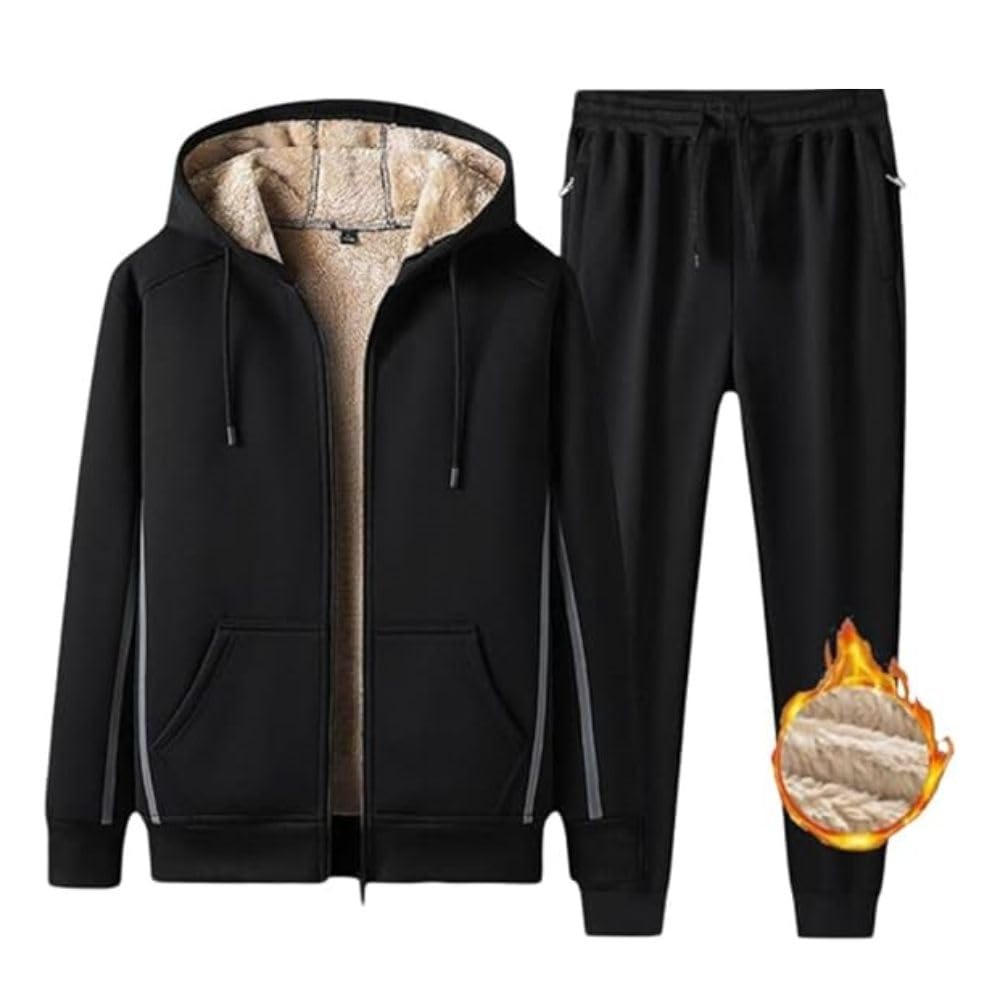 

Breelay Winter Hoodie and Pants Long Casual Size Winter Men s Set, Fleece-Lined Jersey, Sleeve, Thick, Warm, Hooded, Zip-Up Hoodie, Outerwear, Black,