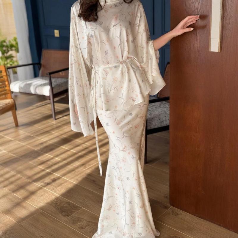 2025 Fall Women’s European Style Batwing Sleeve Tie-Up Top & Floral Print Skirt Set