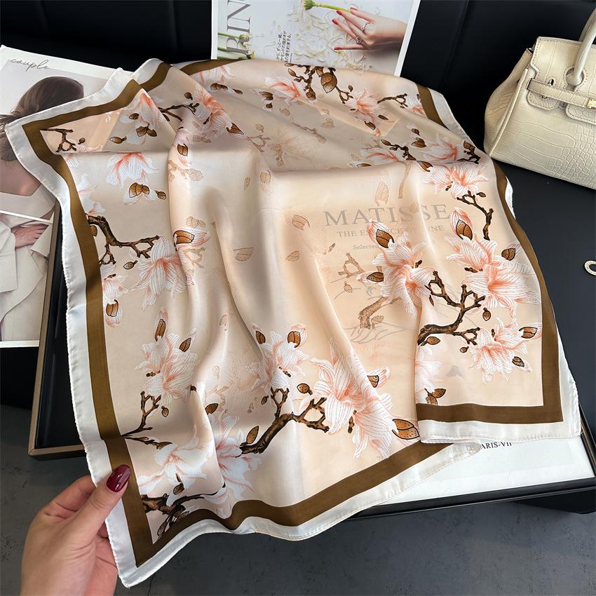 Elegant Ginkgo Leaf Print Silk Square Scarf – Versatile Headscarf for Spring and Summer