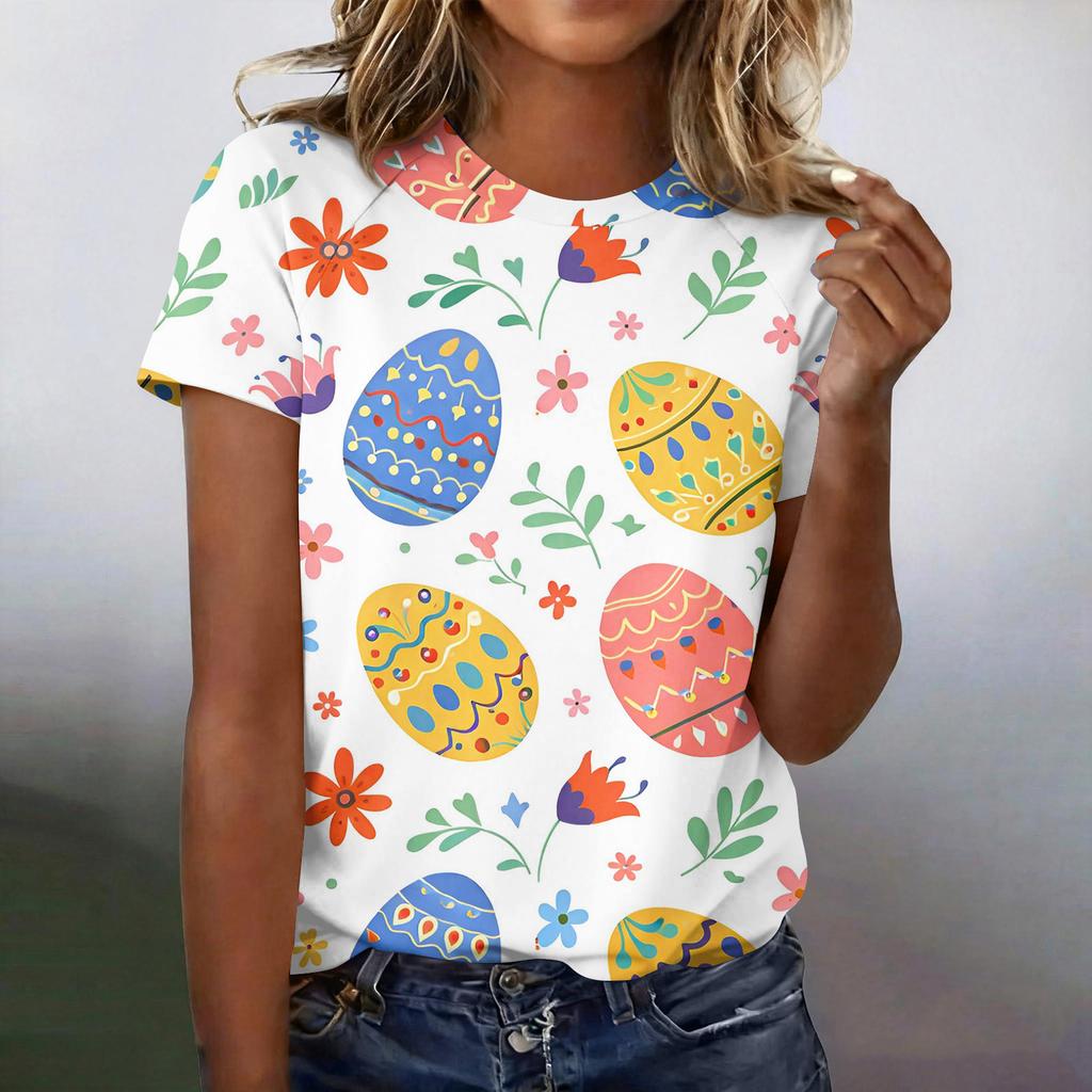 Women's Fashionable Casual Short-Sleeved Raglan Sleeve Easter Print T-Shirt Top
