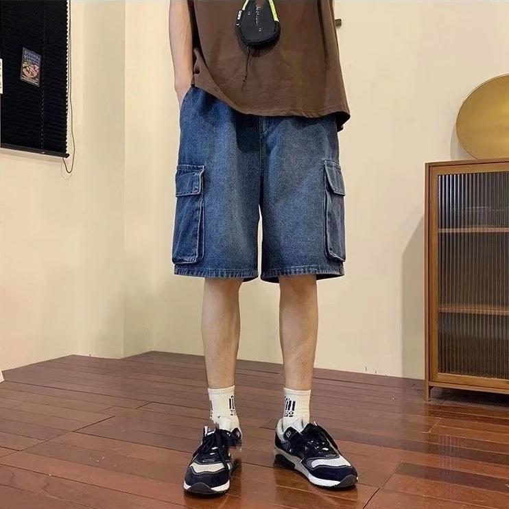Blue Denim Shorts Men's Summer Thin Tooling Hong Kong Style Loose Big Pocket Washed Five-point Casual Pants