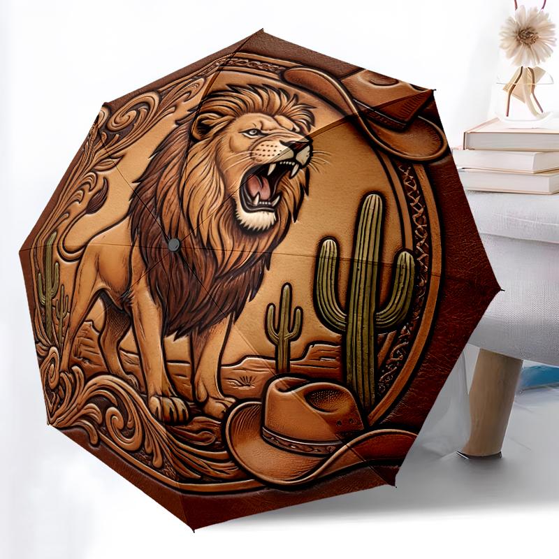 

1pc Sturdy 8-Bone Auto Umbrella, Noble Lions Umbrella, Digital Printed, Foldable Umbrella for On-the-Go Outdoor Use