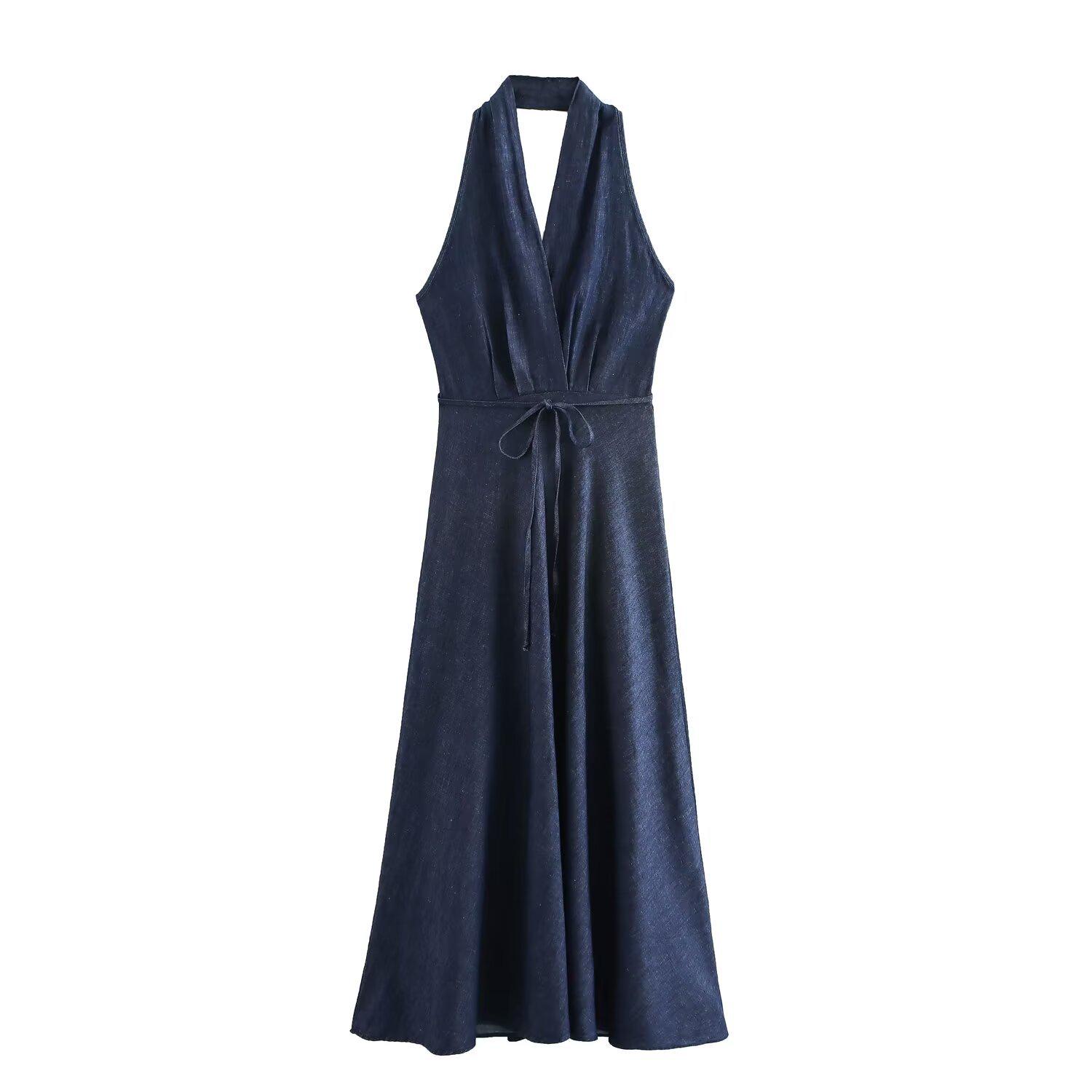 

Spring 2025 Women s Fashion: Elegant Slim Fit Halter Neck Backless Denim Dress Extra Small темно-синий